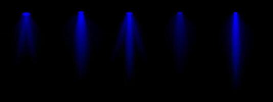 Blue spotlight set. Multiple focused beams, ceiling-mounted lighting, bright white glow, stage illumination, modern lighting design, minimalistic decor, professional setup vector