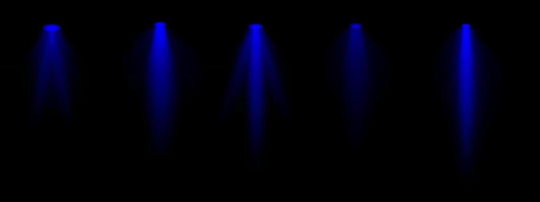Blue spotlight set. Multiple focused beams, ceiling-mounted lighting, bright white glow, stage illumination, modern lighting design, minimalistic decor, professional setup
