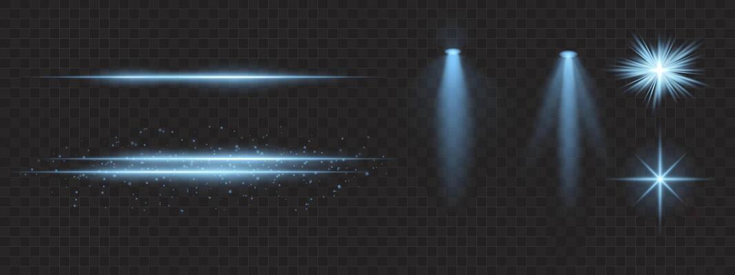 Blue light effects set. Glowing streaks, sparkles, spotlight beams, bright starbursts, warm illumination, decorative particles, radiant design, abstract modern lighting.