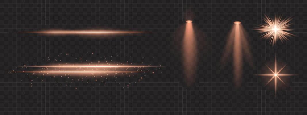 Golden light effects set. Glowing streaks, sparkles, spotlight beams, bright starbursts, warm illumination, decorative particles, radiant design, abstract modern lighting.
