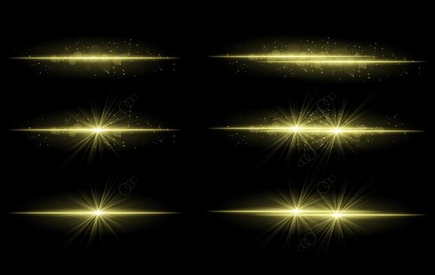 Golden glow effects set. Radiant light streaks, sparkling particles, bright starbursts, warm illumination, abstract lighting design, decorative energy beams, vibrant modern visuals