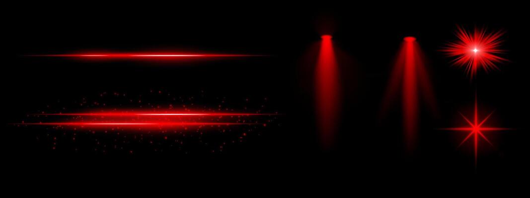 Red light effects set. Glowing streaks, sparkles, spotlight beams, vibrant starbursts, bright blue illumination, decorative particles, futuristic design, abstract lighting.