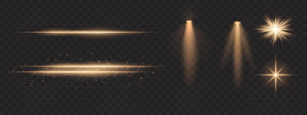 Golden light effects set. Glowing streaks, sparkles, spotlight beams, bright starbursts, warm illumination, decorative particles, radiant design, abstract modern lighting.