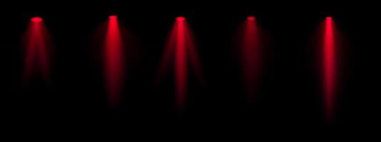 Red spotlight set. Multiple focused beams, ceiling-mounted lighting, bright white glow, stage illumination, modern lighting design, minimalistic decor, professional setup vector