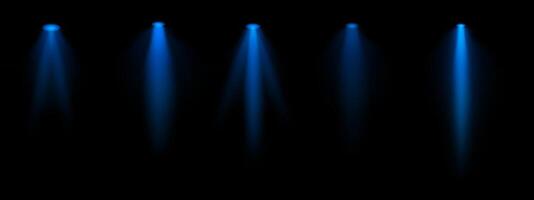 Blue spotlight set. Multiple focused beams, ceiling-mounted lighting, bright white glow, stage illumination, modern lighting design, minimalistic decor, professional setup vector