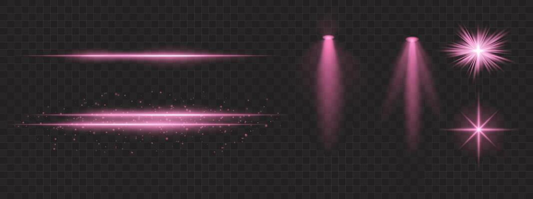 Golden light effects set. Glowing streaks, sparkles, spotlight beams, bright starbursts, warm illumination, decorative particles, radiant design, abstract modern lighting.
