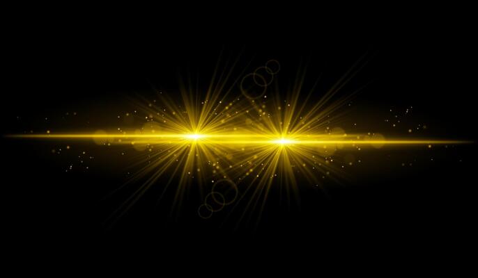 Dual golden starburst. Bright intersecting beams, glowing particles, radiant light effects, warm illumination, abstract lighting design, futuristic energy, decorative visuals