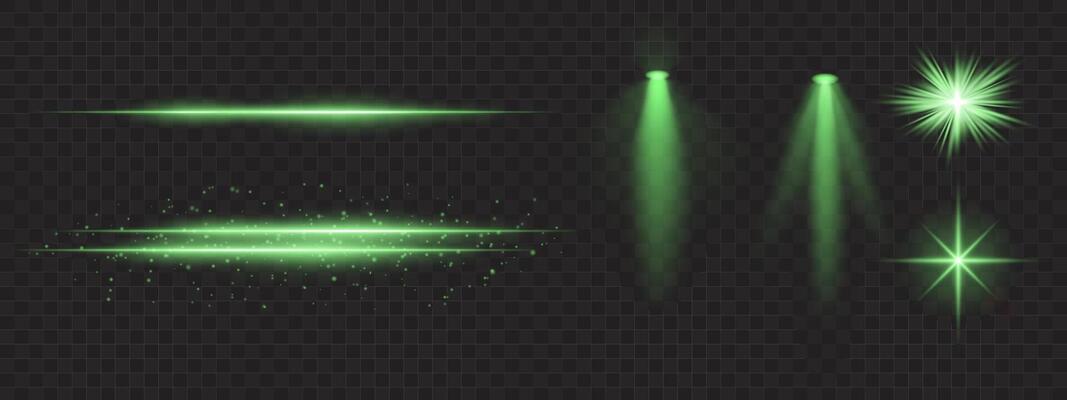 Green light effects set. Glowing streaks, sparkles, spotlight beams, bright starbursts, warm illumination, decorative particles, radiant design, abstract modern lighting.