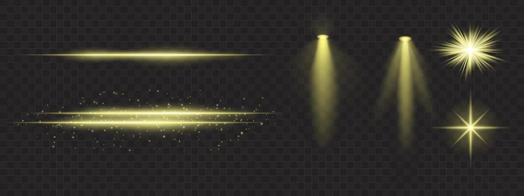 Golden light effects set. Glowing streaks, sparkles, spotlight beams, bright starbursts, warm illumination, decorative particles, radiant design, abstract modern lighting.