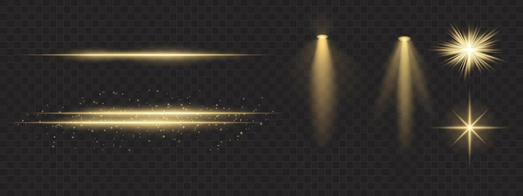 Golden light effects set. Glowing streaks, sparkles, spotlight beams, bright starbursts, warm illumination, decorative particles, radiant design, abstract modern lighting.