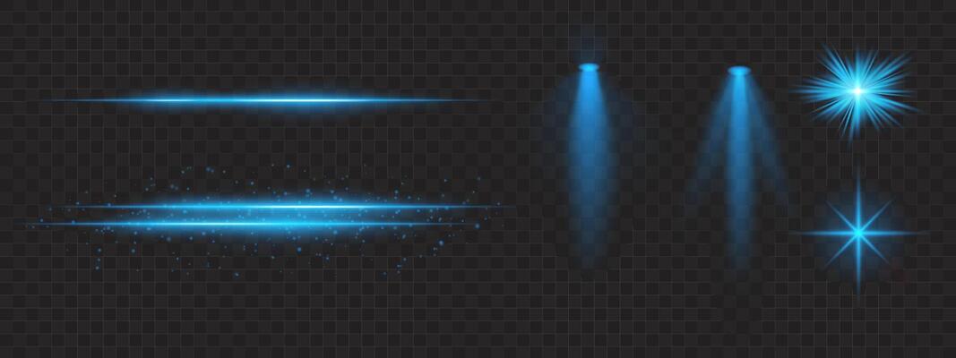 Blue light effects set. Glowing streaks, sparkles, spotlight beams, bright starbursts, warm illumination, decorative particles, radiant design, abstract modern lighting.