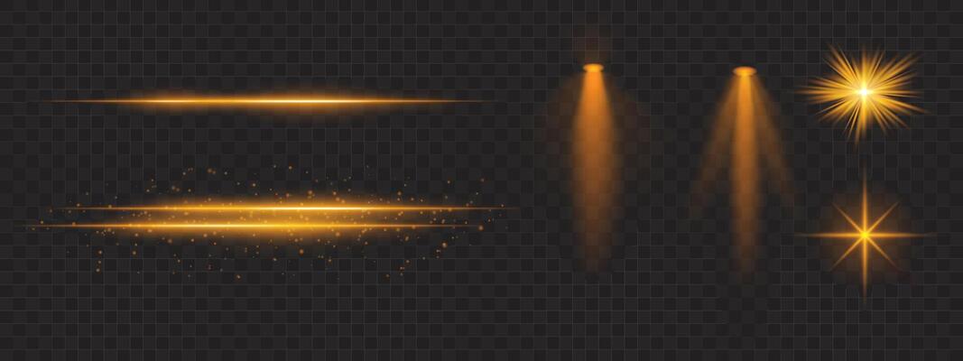 Golden light effects set. Glowing streaks, sparkles, spotlight beams, bright starbursts, warm illumination, decorative particles, radiant design, abstract modern lighting.