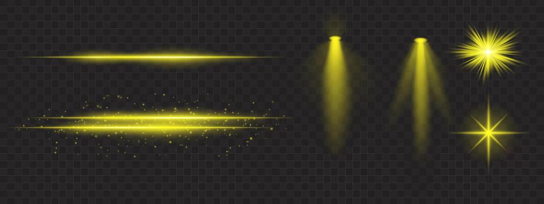 Golden light effects set. Glowing streaks, sparkles, spotlight beams, bright starbursts, warm illumination, decorative particles, radiant design, abstract modern lighting.