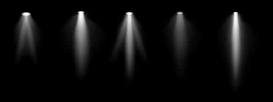 White spotlight set. Multiple focused beams, ceiling-mounted lighting, bright white glow, stage illumination, modern lighting design, minimalistic decor, professional setup vector