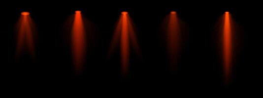 Red spotlight set. Multiple focused beams, ceiling-mounted lighting, bright white glow, stage illumination, modern lighting design, minimalistic decor, professional setup vector