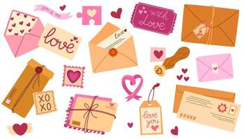 Postcard and envelope set. Valentines day set of various craft paper letters, stationery, sealing wax, handmade cards, hearts and text. Love messages. hand draw illustration isolated vector
