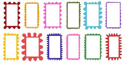 Squiggle frames set. Color zigzag wavy edges, retro scallop frames, psychedelic rectangles, photo frames, text boxes, tags, labels. Wave and curvy borders groovy shapes isolated vector