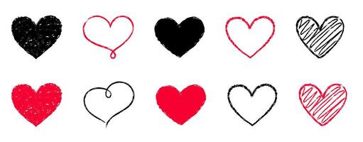 Sketch of different linear hearts. Heart shape drawn with pencil in doodle style vector