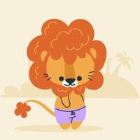 A lion cub in purple shorts stands on the beach, a sandy island with palm trees. cartoon, style. vector