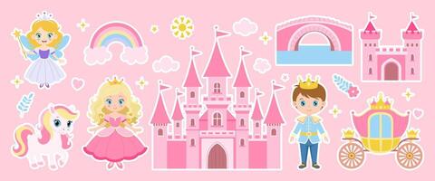 A collection of cartoon characters and a castle. The castle is pink and has a bridge. There is a princess, a knight, and a horse vector