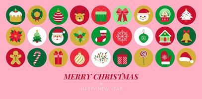 Merry Christmas and happy new year. A collection of Christmas icons. A pink background. A red and green color scheme vector