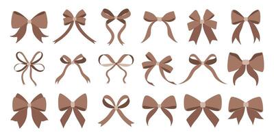 A set of Mocha Mousse bows with a white background. The bows are of different sizes and shapes. Some are long and thin, while others are short and wide vector
