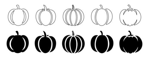 Black and white pumpkin icon set in outline and silhouette variations, isolated on a white background. Concept of autumn harvest, Thanksgiving, Halloween decoration, and seasonal design template vector
