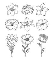 Collection of hand drawn flowers. scribbles. Minimalistic Herbal Botanical Doodle Set. Single line art and clip art. Silhouette. editable strokes. Elements. Floral frame. Vintage sketch. Cut out. vector