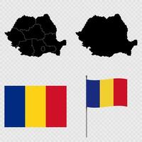 Set of maps, flag and flagpole of Romania. illustration. vector