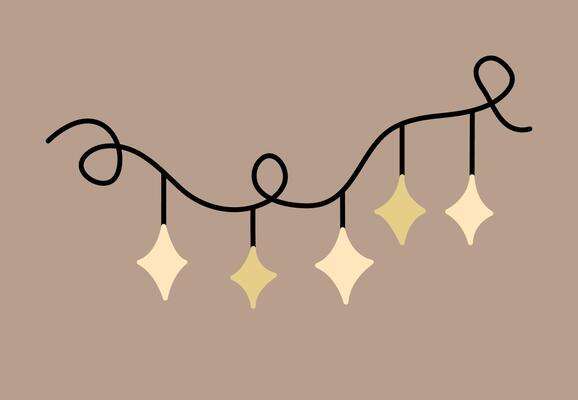 Decorative garland with a looping black string and diamond-shaped ornaments hanging from it. Perfect for holiday or celebratory decor. hand-drawn illustration in flat style.
