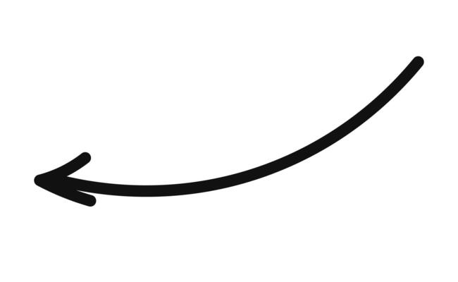A black and white drawing of a curved arrow