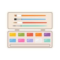 Watercolor paints with a set of brushes. Artistic palette. Flat illustration. Back to school. vector