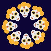 Patterned Sugar Skulls in marigold wreath Circle frame border on dark background Copy space Template Isolated illustration Greeting or Thematic cards, label, poster or web promo leaflet, banner vector
