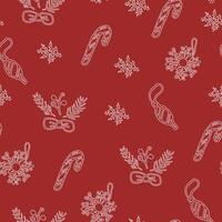 Seamless pattern with New Year and Christmas decorations on red background in doodle style vector