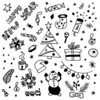 Set of isolated on white background elements on winter and New Year themes in doodle style vector