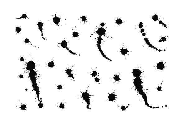 Ink drops and splashes. Hand made Blotter spots, liquid paint drip and splatter. Illustration splat messy inkblot. Artistic dirty grunge abstract spot set.