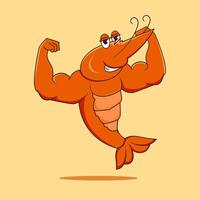 Muscular shrimp character with a big smile vector