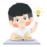 Kid boy student reading book with idea lamp vector