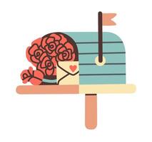 Flat style illustration of a charming blue mailbox filled with red roses and a love letter, perfect for Valentine's Day designs, romantic messages, or sweet themed projects. vector