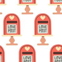 Valentine's Day themed seamless pattern featuring red postboxes with love post text, adorned with hearts, in a clean flat style. Perfect for wrapping paper, cards, and romantic decorations. vector