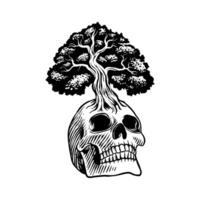 black and white illustration of a skull head with a tree on top vector