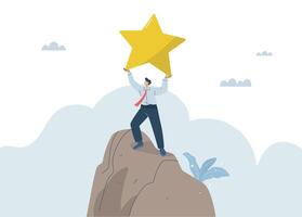 Businessman climbs to the top of the mountain and reaches for the stars, Concept of managing success according to goals, Setting career or organizational goals, Business performance and ambition. vector