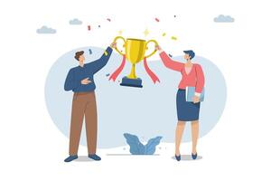 Business team holding trophies stand on podium, Winning business awards, Successful team concepts, Successfully achieve reward, Business performance and ambition, Development has achieved success. vector