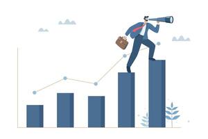 Businessman holding briefcase and using binoculars while climbing growth graph to see future business strategy, Using business vision to forecast, Challenges to develop and achieve success, . vector