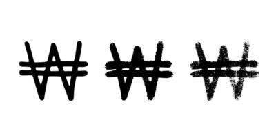 Hand drawn won currency symbol set Brush stroke doodle Single element for design vector