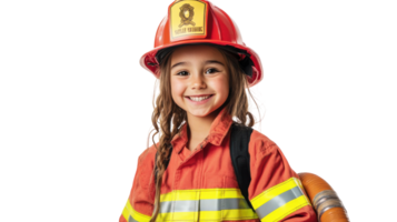 Empowered Young Girl in a Firefighter Uniform Demonstrating Courage with a Fire Hose for Community Awareness Campaign. png