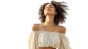 Stylish young woman wearing a flowy off-shoulder blouse, perfect for summer outings, casual gatherings, or beach days reflecting elegance and comfort.. png