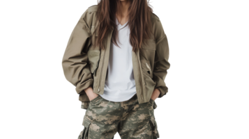 Stylish Girl in Military Jacket and Camo Pants Capturing a Trendy Look for Street Fashion Enthusiasts. png