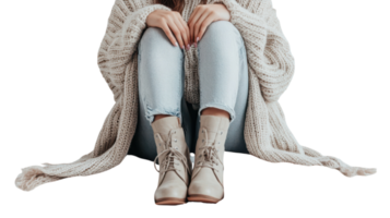 A fashionable girl dressed in a stylish layered cardigan paired with trendy ankle boots, perfect for a casual outing or a chic street style look.. png