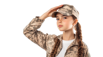 A Young Girl in Military Uniform Saluting Proudly, Symbolizing Strength and Honor in a Patriotic Context. png